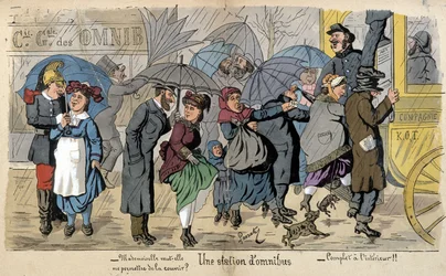 Una estación de ómnibus bajo la lluvia - dibujo humorístico de Lavrate, circa 1880