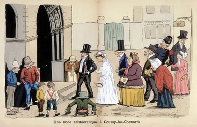 Caricatura sobre la sociedad francesa por Lavrate: una boda aristocrática en Coussy les Cornards. 1880