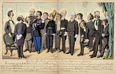 Caricatura sobre la sociedad francesa por Lavrate: las diferentes figuras del servicio civil, servicios administrativos... en una recepción oficial. 1880