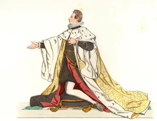 Cosme II de Médicis (1590-1621), Gran Duque de Toscana (Italia) - Litografía basada en una ilustración de Edmond Lechevallier-Chevignard (1825-1902), de “Trajes históricos del siglo XVI