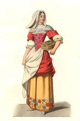 Campesino francés del siglo XVII, de un grabado de Jean Saint Jean - Litografía de una ilustración de Edmond Lechevallier-Chevignard (1825-1902), de 