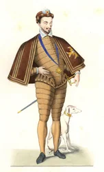 Rey Enrique III de Francia (1551-1589), con el collar de la Orden del Espíritu Santo - Litografía de una ilustración de Edmond Lechevallier-Chevignard (1825-1902), de “Trajes históricos del siglo XVI”