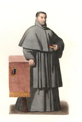 Pedro de Urbina de Montoya, arzobispo de Sevilla (España) de 1658 a 1663, basado en un retrato pintado de Bartolomé Murillo (1618-1682) - Litografía de una ilustración de Edmond Lechevallier-Chevignard (1825-1902), de “Trajes históricos del siglo XVI”