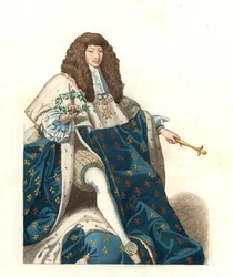 El joven Rey Luis XIV de Francia (1638-1715), después de una pintura del Museo de Blois (Francia) - Litografía de una ilustración de Edmond Lechevallier-Chevignard (1825-1902), de “Trajes históricos del siglo XVI”