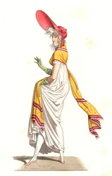 Joven mujer francesa vestida a la moda de los Maravillosos del siglo XVIII, de una ilustración de Edmond Lechevallier-Chevignard, de 