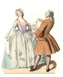 Maestro de danza y un joven veneciano, lección de baile en Italia siglo XVIII, basado en una pintura de Pietro Longhi - Litografía basada en una ilustración de Edmond Lechevallier-Chevignard, extraída de "Trajes Históricos del siglo XVI"