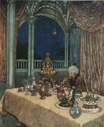 La Bella y la Bestia: El padre de Bella llega al castillo y descubre una mesa llena de vituallas, c.1910 (litografía)