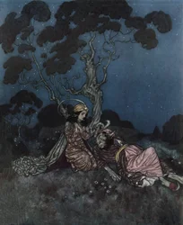 La Bella y la Bestia: la Bella asustada por la Bestia yace cerca de ella, c.1910 (litografía)