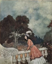Barba azul La joven esposa de Barba Azul, Fátima, pregunta a su hermana Ana si ve a sus hermanos desde la torre, c.1910 (litografía)