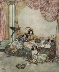 Barba Azul La joven esposa de Barba Azul, Fátima, invita a sus amigos a su casa mientras su marido está de viaje c.1910 (litografía)