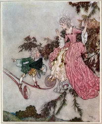 Pero la noticia se la trajo un enanito que tenía un par de botas de 7 leguas", ilustración de "La bella durmiente", pub. en 1910 (litografía en color).