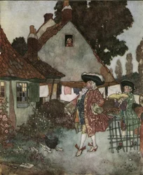 Cenicienta (Cinderella): el ministro, busca en todas las cabañas y casas del reino a la niña que perdió su zapatilla de vair c.1910 (litografía)