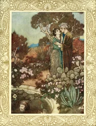 En tu pequeña hora de gracia, el ciprés ondulante en tus brazos se une, antes de que la madre vuelva a estrecharte entre sus brazos y te abrace por última vez, ilustración de "Las Rubaiyat de Omar Khayyam", publicado en 1909 (litografía en color).