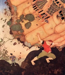 «Hola, amigo, carga sobre tus hombros el castillo entero, con la reina y todo cuanto contiene», ilustración del cuento de hadas belga Los siete conquistadores de la reina del Misisipi, de Edmund Dulac
