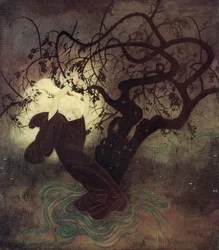 "En su frenético forcejeo, la capucha de su manto se desprendió de su deslumbrante cabellera dorada, e inmediatamente todo el lugar se inundó de luz", ilustración del cuento inglés The Buried Moon (La luna enterrada), del Fairy-Book de Edmund Dulac: Fairy 