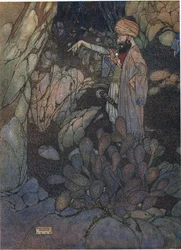 Ábrete Sésamo, ilustración de "Alí Babá y los cuarenta ladrones" (litografía en color)
