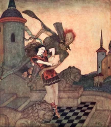 «El Príncipe, al mirar fuera, lo vio arrebatar a la Princesa y alejarse volando rápidamente», ilustración del cuento de hadas serbio La historia de Bashtchelik, de El libro de cuentos de hadas de Edmund Dulac: Cuentos de hadas de las naciones aliadas