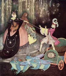 "El Príncipe tomó un carruaje tirado por tres grandes ranas con grandes alas. Truitonne salió misteriosamente por una puertecita", ilustración del cuento francés El pájaro azul, del Fairy-Book de Edmund Dulac: Cuentos de hadas de las naciones aliadas, p. 1