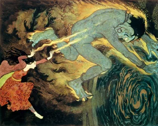 La princesa quema a Elfrite hasta la muerte, de La historia de las tres calandrias en "Simbad el marino y otros cuentos" (litografía en color)