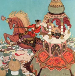 "El caballo castaño parecía quedarse en el aire en lo alto de su salto mientras duraba aquel beso", ilustración del cuento ruso Iván y el caballo castaño, del Fairy-Book de Edmund Dulac: Cuentos de hadas de las naciones aliadas, pub.1916
