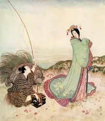 «Urashima estaba tan maravillado que no podía pronunciar palabra», ilustración del cuento de hadas japonés La historia de Urashima Taro, de El libro de cuentos de hadas de Edmund Dulac: Cuentos de hadas de las naciones aliadas, publicado en 1916