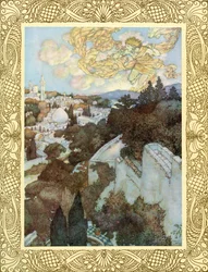 Despertad, porque el sol, detrás de la altura oriental, ha ahuyentado de la noche la sesión de las estrellas, ilustración de "Las Rubaiyat de Omar Khayyam", publicada en 1909 (litografía en color).