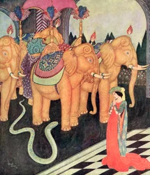 "Cuando Grannmia vio a su extraño amante, sólo ella permaneció tranquila y valiente", ilustración del cuento italiano El príncipe serpiente, del Fairy-Book de Edmund Dulac: Cuentos de hadas de las naciones aliadas, pub.1916