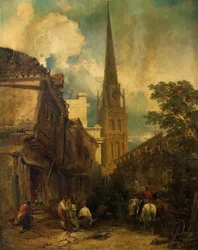 Bayley Lane, con Drapers Hall y la Iglesia de San Miguel, Coventry, 1851