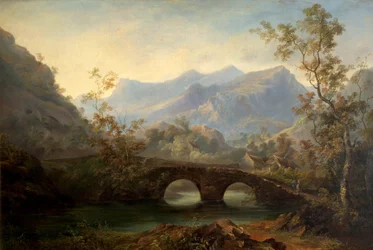 Paisaje montañoso con río, puente y cabañas, siglo XIX
