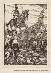 Guirnalda del Kaiser: "Ave Kaiser, Imperator Moriture, Mortui Te Salutamus" (litografía).