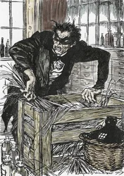 El Dr. Jekyll buscando desesperadamente los polvos que le permitan desbaratar su personaje de Mr Hyde, Ilustración de Edmund Joseph Sullivan (1869-1933) para la novela L