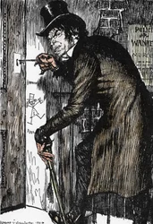 Mr Hyde vuelve a casa tras una noche de aventuras para tomar el antídoto y retomar la apariencia del Dr Jekyll, Ilustración de Edmund Joseph Sullivan (1869-1933) para la novela L