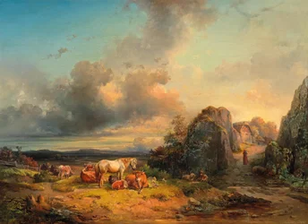 Rebaño de animales y figuras delante de un paisaje amplio