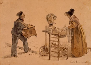 Un hombre con un organillo y un vendedor de café