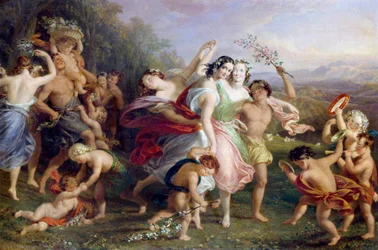"Matinee de mai" Danza y rondas de figuras del bosque, niños envueltos en flores. Pintura de Edmund Thomas Parris (1793-1873) 1859
