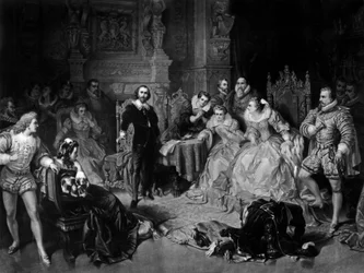 William Shakespeare (1564-1616) en la corte de la reina Isabel I, grabado por Pierre Cottin, c.1864 (mezzotinta)