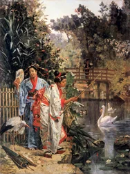 "Dos japonesas en kimono cuidando cisnes y pescando (). Pintura de Edouard Castres (1838-1902) Colección particular