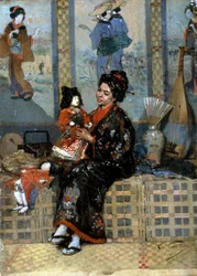 La nueva muñeca. Mujer en kimono con una muñeca de porcelana (o marioneta). Influencia de Japón y Extremo Oriente en la pintura impresionista europea. Pintura de Edouard Castres (1838-1902)