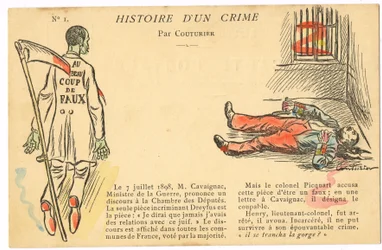 Tarjeta postal, satírica en colores: El caso Dreyfus - Henry Colonel Ilustración de Couturier (1869-1935)