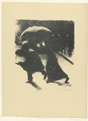 hombre y mujer, debajo, paraguas, en, nieve, en, tarde Nocturno L