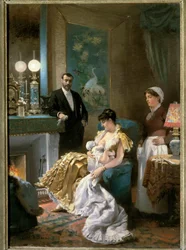 Antes del baile. Una madre con vestido de noche amamanta a su bebé antes de salir con su marido y dejar al bebé con la criada. Pintura de Édouard Debat-Ponsan (1847-1913). 1886. Museo de Bellas Artes de Tours
