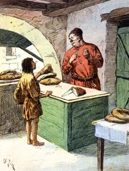 Un panadero en la Edad Media, hacia 1900 (grabado)
