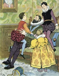 Rey de Francia Enrique IV jugando con sus hijos (1553-1610) Ilustración de Edouard Zier en "Nos-Gloriers-Nationales" 1920 Collection privee