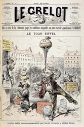 Caricatura sobre escándalos financieros “La Torre Eiffel: el bastonista más hábil - retractador visto desde el famoso Vivier”. Portada “Le Grelot” del 22 de enero