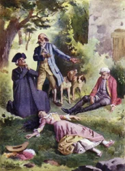 ¡Muerto, muerto! dijo Paciencia, ¡Y ahí está el asesino!. Ilustración para Mauprat de George Sand
