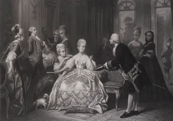 Christoph Willibald Gluck entrega a la Reina María Antonieta la partitura de la ópera..., en Trianon