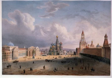 Vista de la Plaza Roja de Moscú (Rusia). Obra de Edouard Jean Marie Hostein (1804-1889), litografía coloreada con acuarela, alrededor de 1830, arte francés del siglo XIX. Museo Conmemorativo A. Pushkin, San Petersburgo.