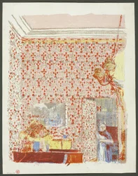 Interior con papel pintado rosa I, lámina cinco de Paisajes e interiores