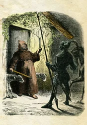 Ilustración de Edward Frère (1797-1874) y Theodore Lix (1830-1897) para «Ivanhoe», de Walter Scott (1771-1832), escritor escocés: el Caballero Negro acepta la hospitalidad de un ermitaño en el bosque.
