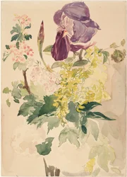 Composición floral con iris, laburno y geranio, 1880